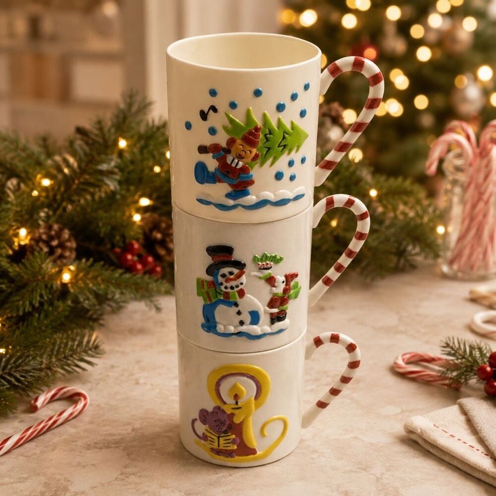 Set 3 Christmas Cup Sterling  House 1985 Plastic Mug 3D Santa & Boy with Tree